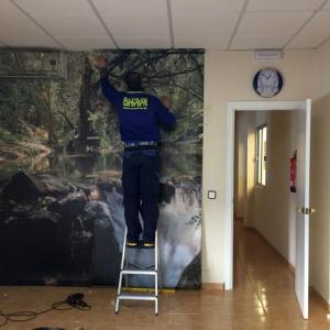 Fotomural de río majaceite del Bosque a Benamahoma Cádiz. Rotulación en vinilo especial de pared para despacho en Dos Hermanas Sevilla