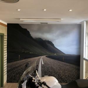 Rotulación de fotomural en vinilo lamiando especial pared. BMW Todomoto Sevilla. 